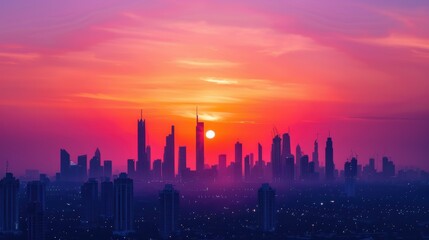 Majestic Cityscape Silhouette in Stunning Sunset Colors