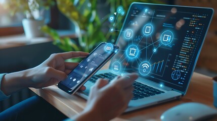 Fototapete - People hand using smartphone or computer laptop to access smart home application from internet wireless connection to control and monitoring smart device inside of the house Internet o : Generative AI