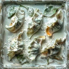 Wall Mural - Close-up of fresh homemade dumplings arranged on a floured surface. Beautifully crafted dumplings ready for cooking. Food photography highlighting traditional Asian cuisine. AI