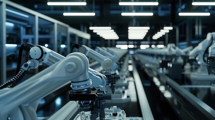 Fototapete - Smart industry robot arms for digital factory production technology showing automation manufacturing process of the Industry 40 or 4th industrial revolution and IOT software to control : Generative AI