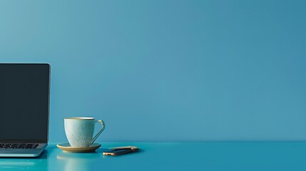 Leinwandbilder - Solid Blue Background with Laptop and Coffee Cup on Sleek Desk, Ample Copy Space