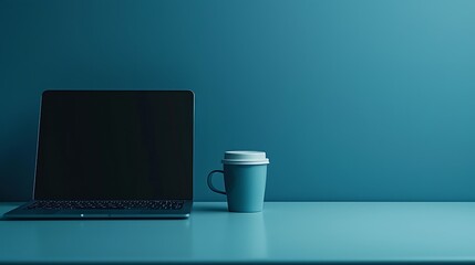 Leinwandbilder - Solid Blue Background with Laptop and Coffee Cup on Sleek Desk, Ample Copy Space