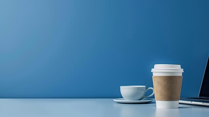 Poster - Solid Blue Background with Laptop and Coffee Cup on Sleek Desk, Ample Copy Space