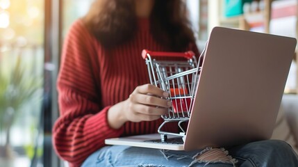 Wall Mural - Woman with laptop shopping online at home closeup : Generative AI