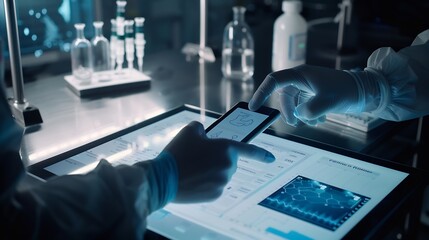 Aufkleber - Scientist hand tablet and hologram in laboratory with typing chart data and 3d overlay for pharma development Pharmaceutical person digital touchscreen and press on holographic dashboa : Generative AI