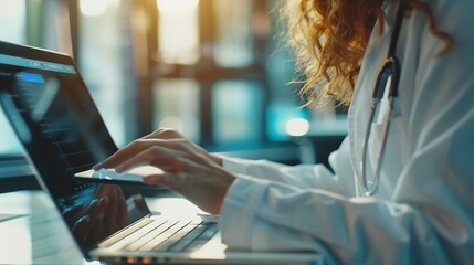 Aufkleber - Woman scientist and research with laptop and tablet for results medical study or exam on new discovery at lab Female person or biologist working on technology for experiment or test at : Generative AI