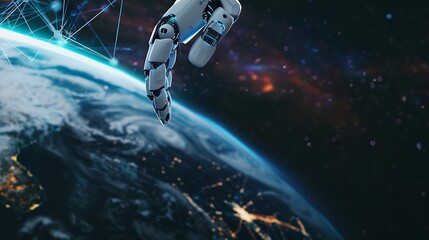 Poster - Robot hand with network connection on earth Artificial intelligence and digital technology connection internet big data analytics and business concepts ecommerce social networking AI : Generative AI