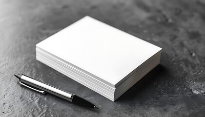 Poster - Solid Gray Background with Stack of Business Cards and Pen, Ample Copy Space