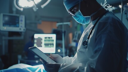Poster - Doctor Utilizing Advanced Digital Tablet Technology in Modern Healthcare Medical Professional in Operating Room Analyzing RealTime Patient Data CuttingEdge Medical Innovations and solu : Generative AI