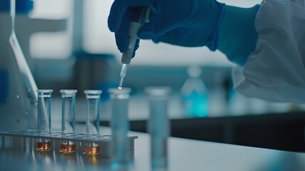 Fototapete - Medical development research laboratory chemist or science scientist student hand in glove drop water into pipette for test analysis liquid sample in clinic lab Microbiology analysing  : Generative AI