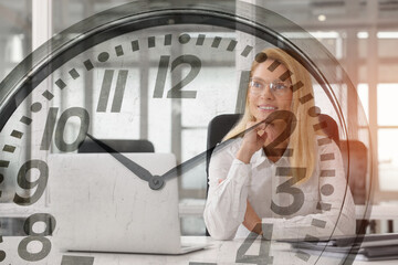 Wall Mural - Businesswoman in office, clock, double exposure. Time management