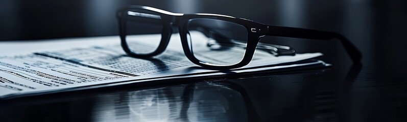 Poster - Solid Black Background with Glasses and Financial Report, Ample Copy Space