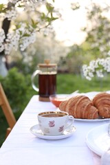 Canvas Print - Stylish table setting with tea and croissants in spring garden