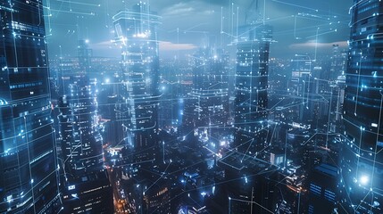 Fototapete - Smart city and digital transformationBig data connection technology Telecommunication and communication network concept : Generative AI