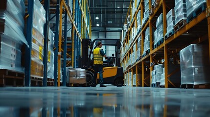 Poster - Forklift driver talking with manager in modern industrial factory Warehouseman reading order order picking Warehouse worker preparing products for shipmennt delivery checking stock in  : Generative AI