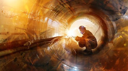 Aufkleber - Industrial 40 Digital Visualization Concept Heavy Industry Welder Working Welding Inside Pipe Construction of NLG Natural Gas and Fuels Transport Pipeline Future of Clean Green Power a : Generative AI