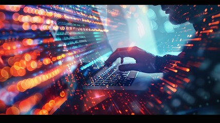 Leinwandbilder - Data processing digital technology software development concept Computer programmer software engineer working on laptop with data exchange code Ai Aritificial intelligence : Generative AI