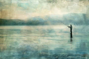 Wall Mural - a painting of a man fishing on a lake