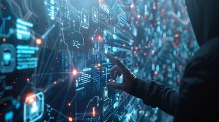 Poster - A person interacting with a futuristic holographic interface featuring digital data and connections on a blue background showcasing technology concept : Generative AI