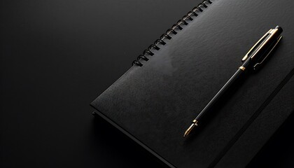 Poster - Solid Black Background with Notepad and Pen, Ample Copy Space