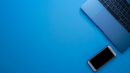 Leinwandbilder - Solid Blue Background with Laptop and Smartphone, Ample Copy Space