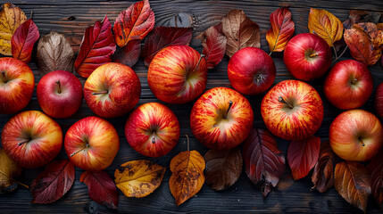 Wall Mural - A row of apples and leaves on a wooden table