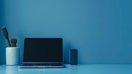 Poster - Solid Blue Background with Laptop and Smartphone, Ample Copy Space