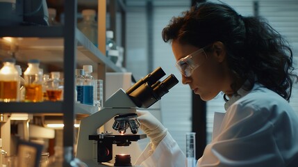 Fototapete - Confident female scientist conducting research in medical laboratory A researcher in the foreground is using a microscope Medical test tube : Generative AI