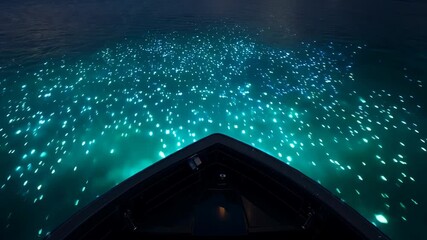 Poster - Bioluminescent Plankton Glowing Under Boat in Nighttime Ocean Voyage