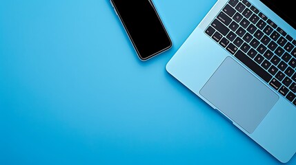 Leinwandbilder - Solid Blue Background with Laptop and Smartphone, Ample Copy Space