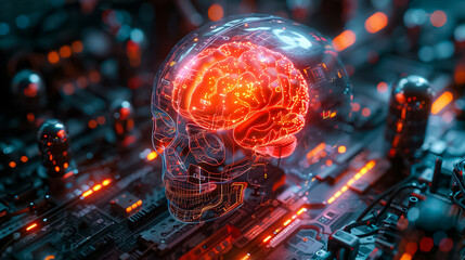 Wall Mural - a brain is shown in a computer monitor with a skull in the background