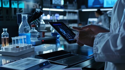 Aufkleber - Scientist hand tablet and hologram in laboratory with typing chart data and 3d overlay for pharma development Pharmaceutical person digital touchscreen and press on holographic dashboa : Generative AI