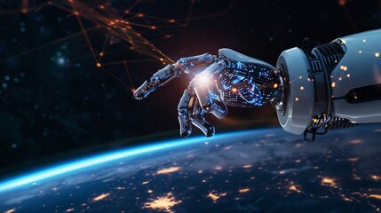 Poster - Robot hand with network connection on earth Artificial intelligence and digital technology connection internet big data analytics and business concepts ecommerce social networking AI : Generative AI