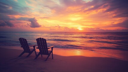 This stock photo features a tranquil beach at sunset with two empty beach chairs positioned near the water's edge. The end of summer is depicted with the sun setting on the horizon, casting long