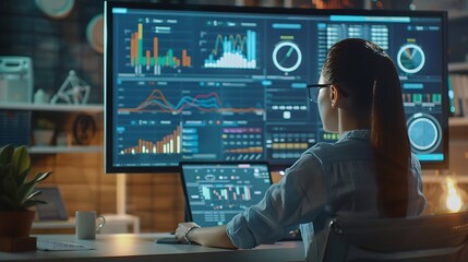 Fototapete - Analyst woman working with information database to analyze marketing and sales data Business analytics dashboard with charts metrics and KPIs concept : Generative AI