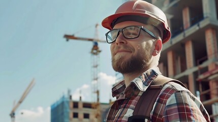 Wall Mural - Construction worker man portrait in construction site in sunny day : Generative AI