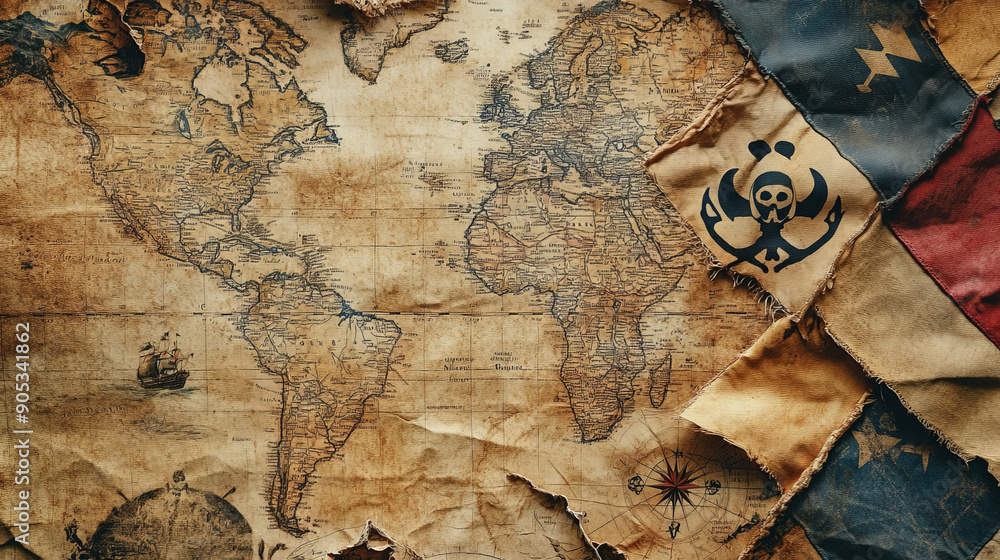 A vintage map collage background highlighting the golden age of piracy