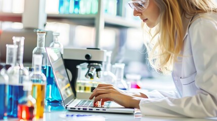 Aufkleber - Chemistry laptop and science with woman in laboratory for medical or pharmaceutical research Computer innovation and typing with scientist at work for analysis development or experimen : Generative AI