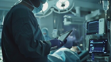 Poster - Doctor Utilizing Advanced Digital Tablet Technology in Modern Healthcare Medical Professional in Operating Room Analyzing RealTime Patient Data CuttingEdge Medical Innovations and solu : Generative AI
