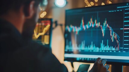 Leinwandbilder - Business professional brokers discussing stock market on pc screen in real time analyzing dynamic exchange rate database graph or interesting unit investment for trading in valued grow : Generative AI