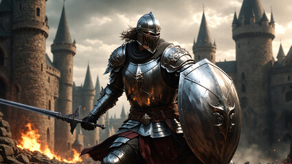 Hell knight, battle in the castle courtyard, Medieval war scene, high detail character illustration