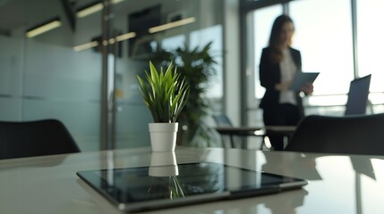 Leinwandbilder - Tablet meeting and partnership with business people working in an office as a team for research Technology planning or teamwork with a man and woman employee reading information in the : Generative AI