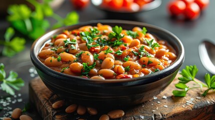 Canvas Print - a bowl filled with beans and parsley on top of a cutting board