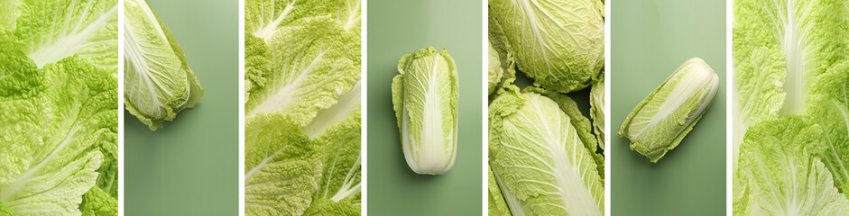 Wall Mural - Fresh Chinese cabbage on different green background, collage