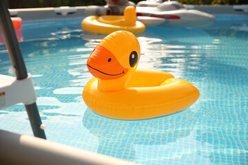 Wall Mural - Inflatable duck shaped ring on water in above ground swimming pool outdoors