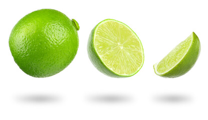 Wall Mural - Fresh lime isolated on white, collage. Whole, half and slice