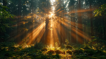 Wall Mural - The sun is shining through the trees, casting a warm glow on the forest floor