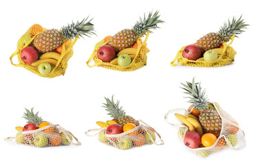 Poster - String bags with fresh fruits isolated on white, top and side views