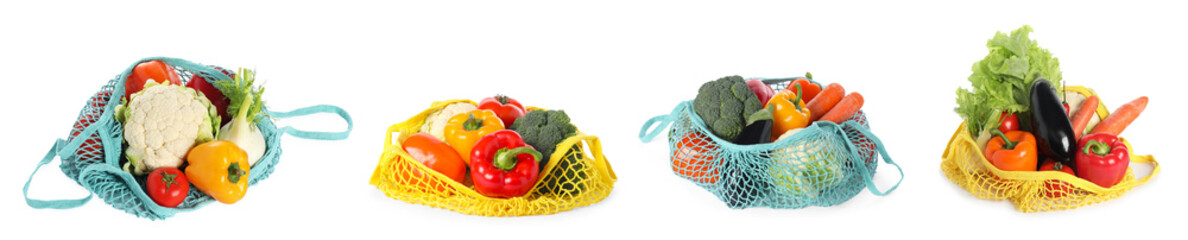 Poster - Set of different string bags with vegetables isolated on white, top and side views