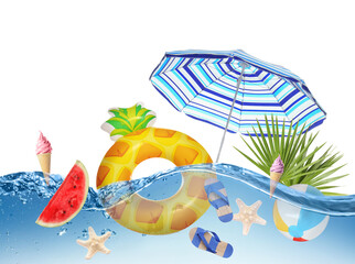 Wall Mural - Summer creative collage with beach stuff in water on white background